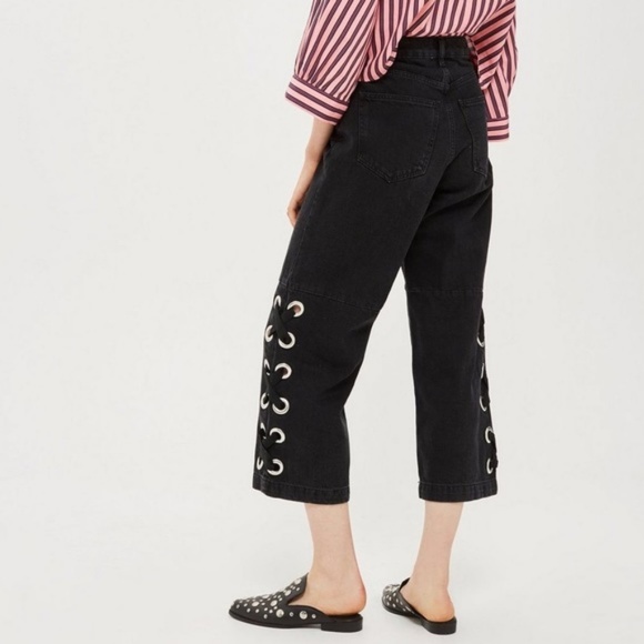 Topshop Lace Hem Wide Leg Cropped Jeans - Picture 3 of 7